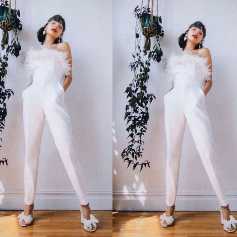 Chic White Feathered Jumpsuit